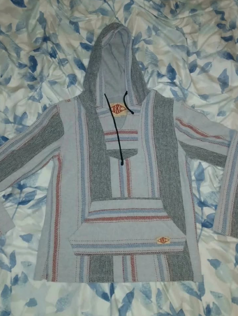 Baja Style Hooded Pullover Sweatshirt - Light Gray with Multicolor Stripes